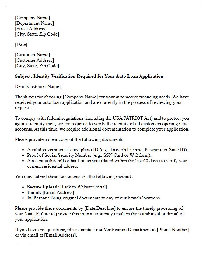 Auto Loan Customer Identity Verification Notice Letter