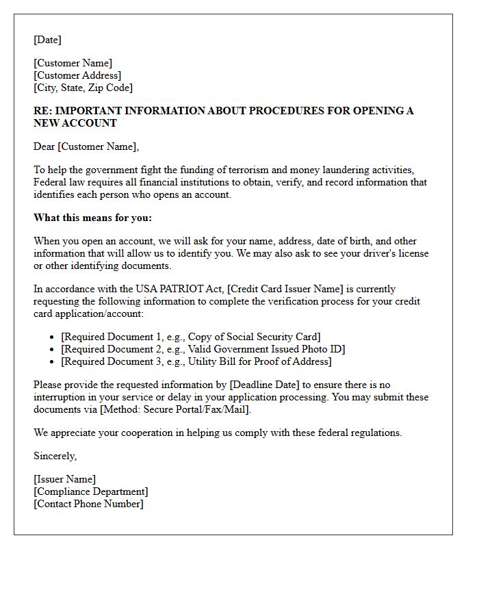 Credit Card Issuer Patriot Act Compliance Notice Letter