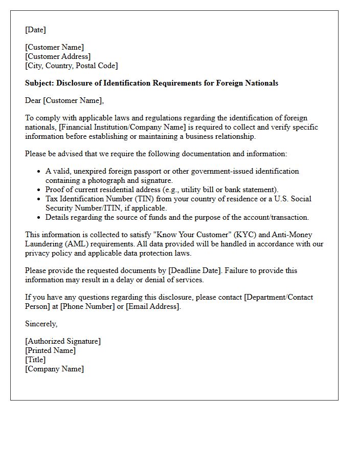 Foreign National Customer Identification Disclosure Letter