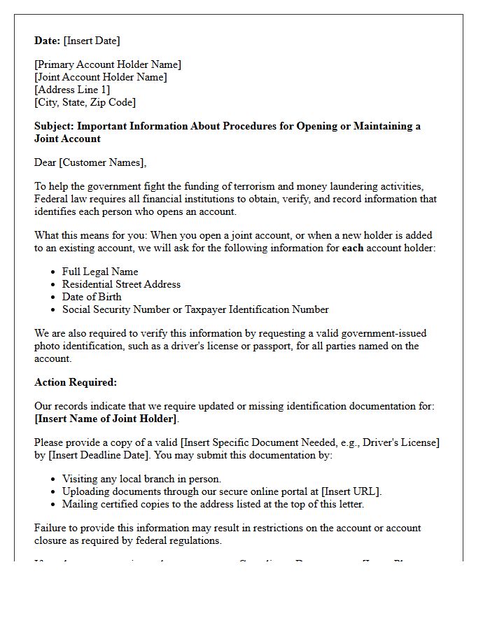 Joint Account Holder Identification Program Notice Letter