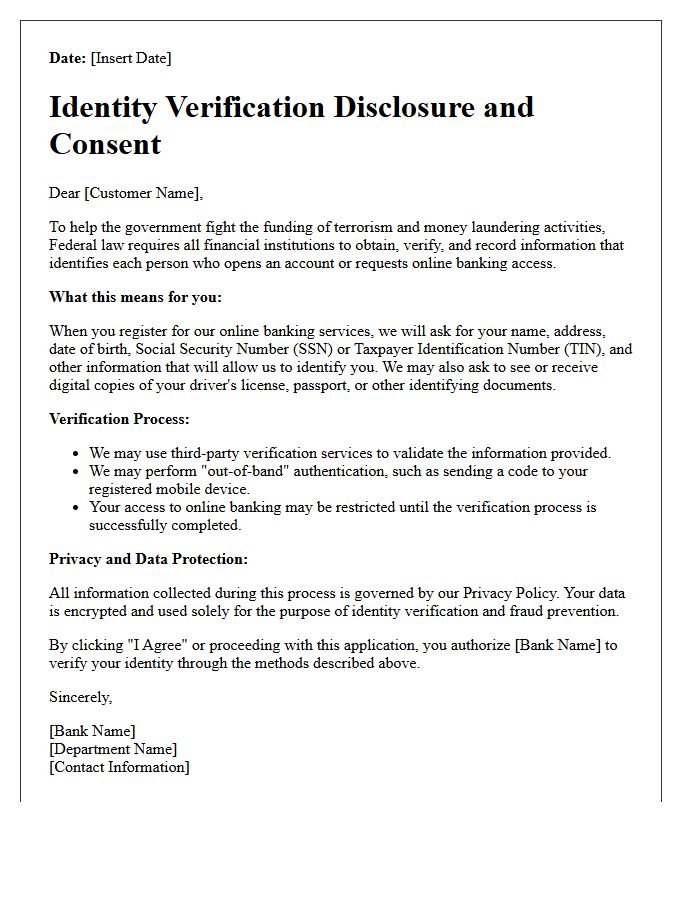 Online Banking Identity Verification Disclosure Letter