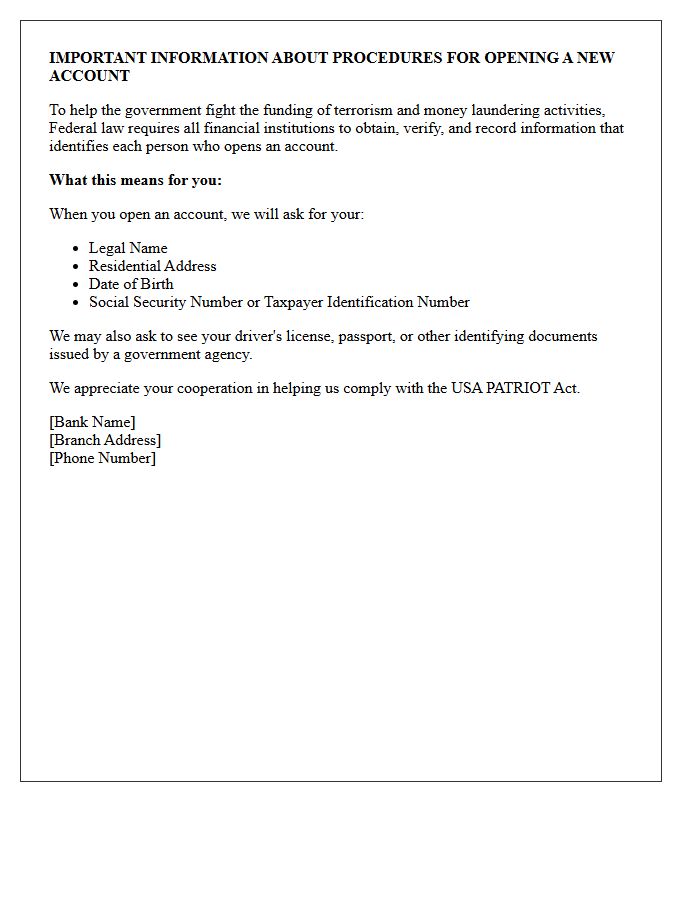 Retail Bank Account Opening Patriot Act Notice Letter