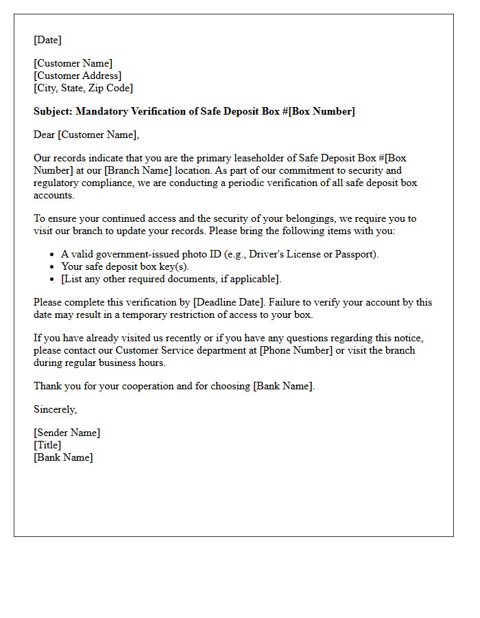 Safe Deposit Box Customer Verification Notice Letter