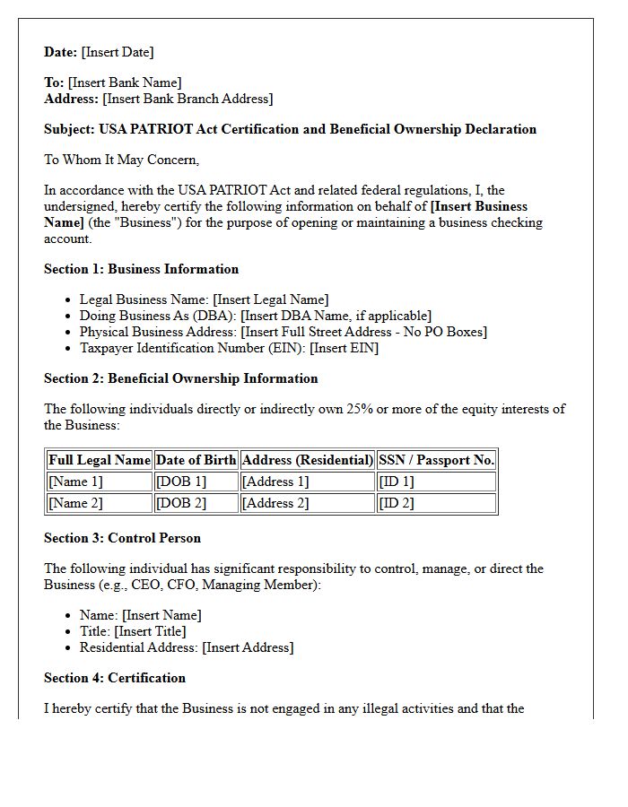 Small Business Checking Patriot Act Declaration Letter