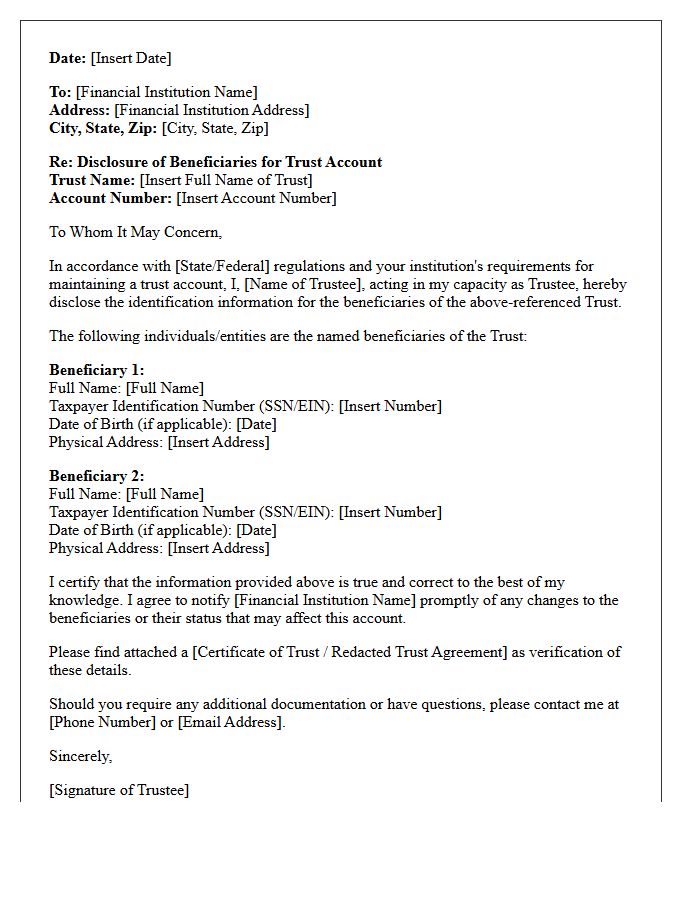 Trust Account Beneficiary Identification Disclosure Letter