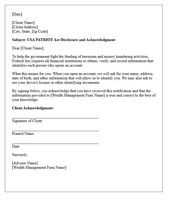 Wealth Management Client Patriot Act Acknowledgment Letter