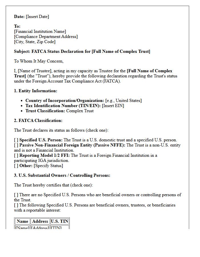 Complex Trust Account FATCA Status Declaration Letter