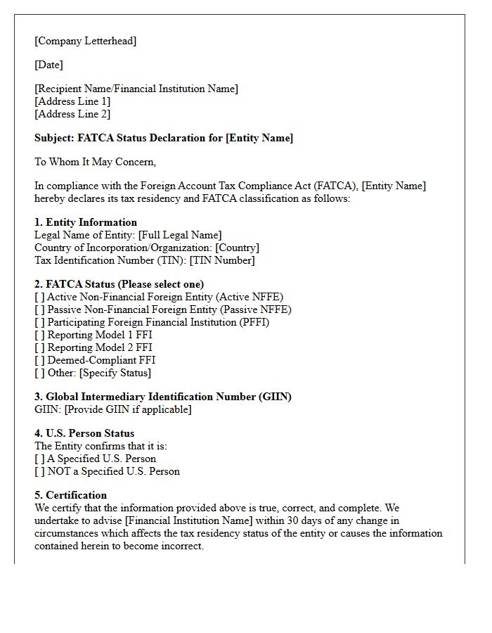 Corporate Entity FATCA Status Declaration Letter