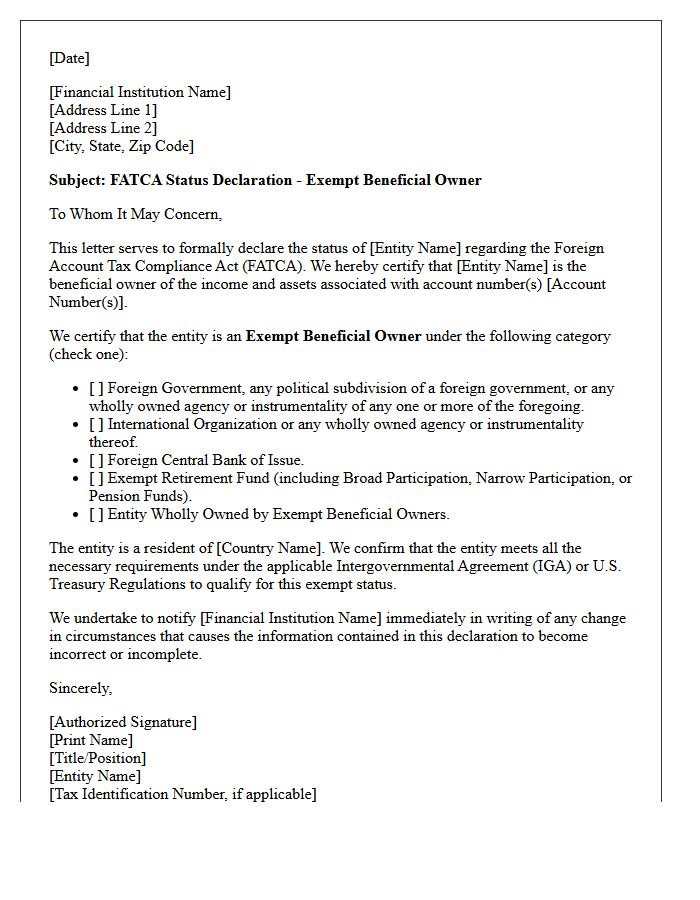 Exempt Beneficial Owner FATCA Status Declaration Letter
