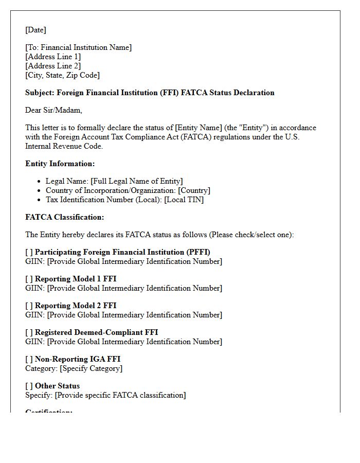 Foreign Financial Institution FATCA Status Declaration Letter