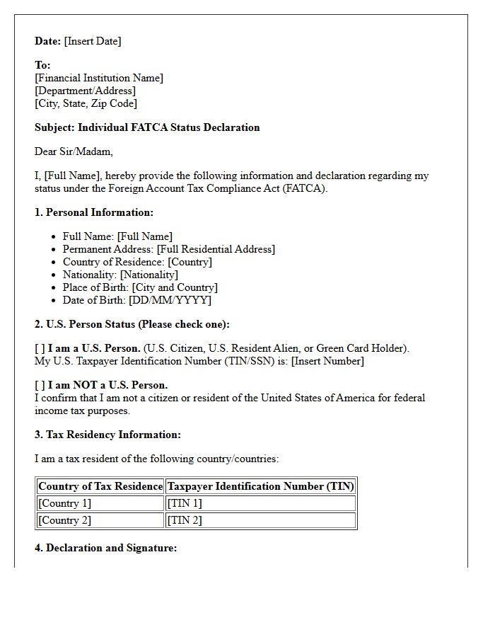Individual FATCA Status Declaration Letter