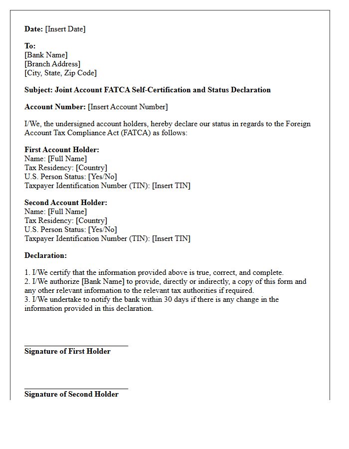 Joint Banking Account FATCA Status Declaration Letter