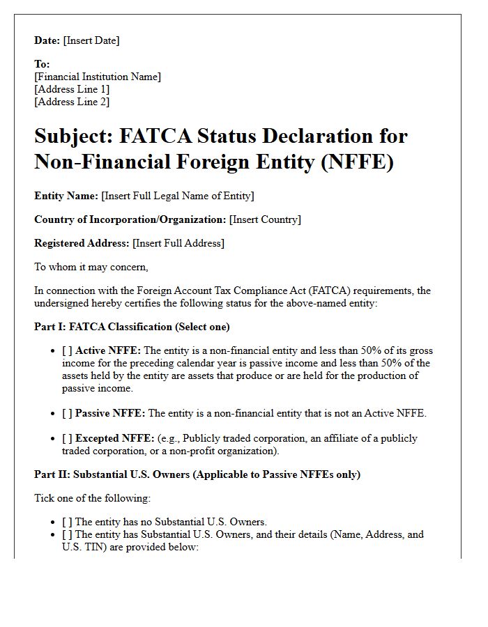 Non-Financial Foreign Entity FATCA Status Declaration Letter