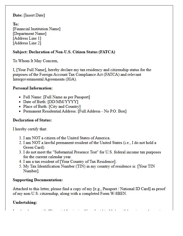 Non-United States Citizen FATCA Status Declaration Letter