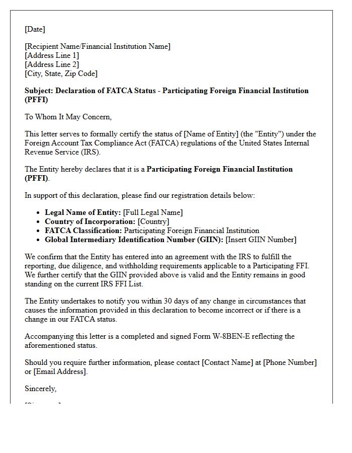 Participating Foreign Financial Institution FATCA Status Declaration Letter