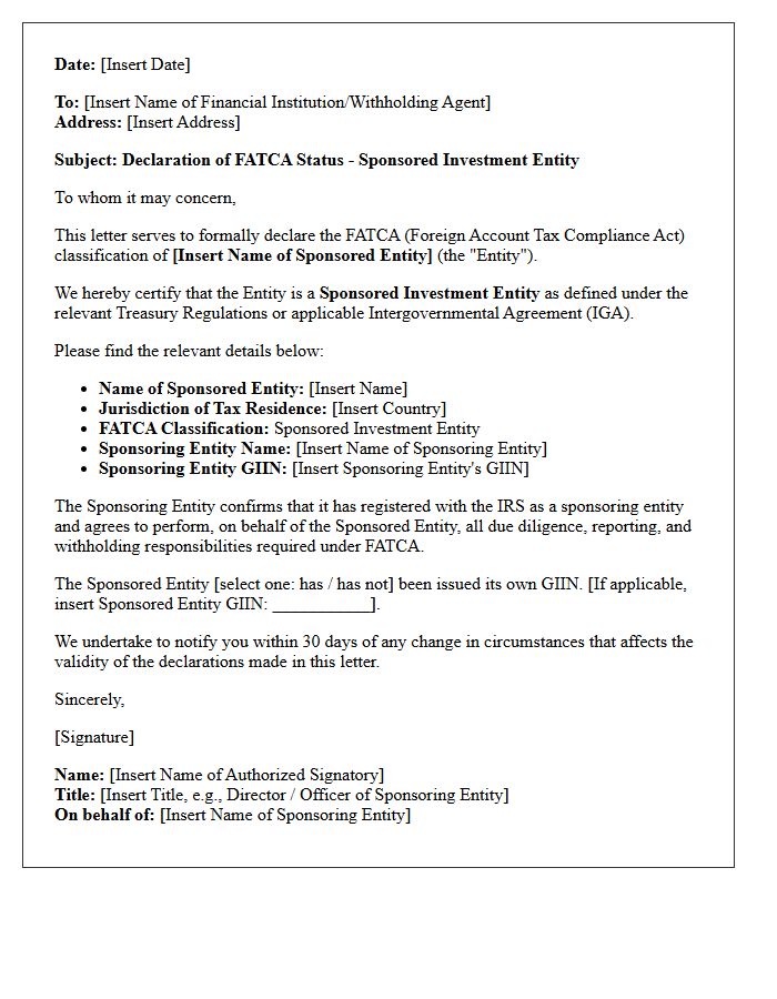 Sponsored Investment Entity FATCA Status Declaration Letter