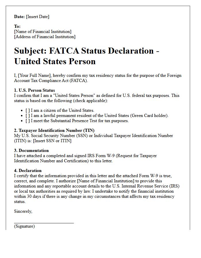 United States Person FATCA Status Declaration Letter
