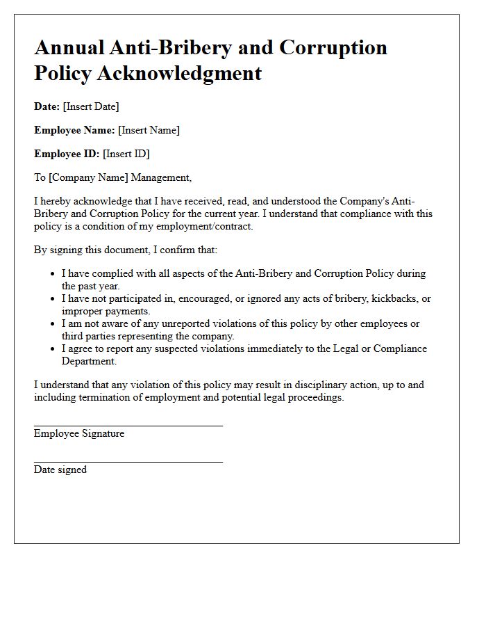 Annual Anti-Bribery and Corruption Policy Acknowledgment Letter