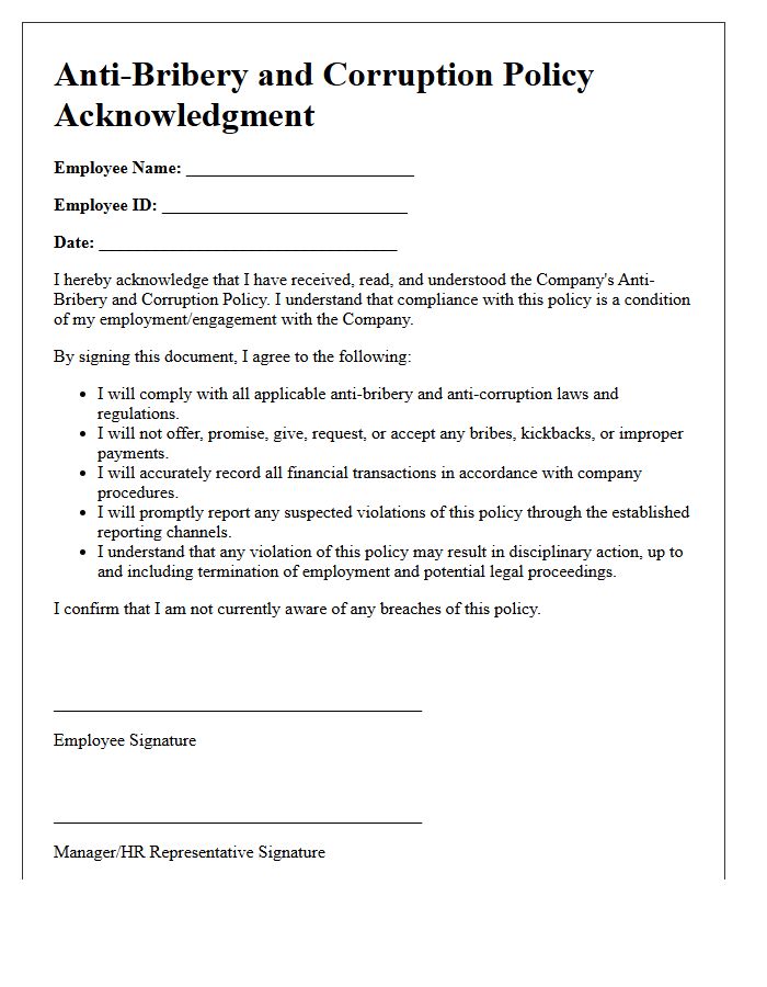 Anti-Bribery and Corruption Policy Acknowledgment Letter