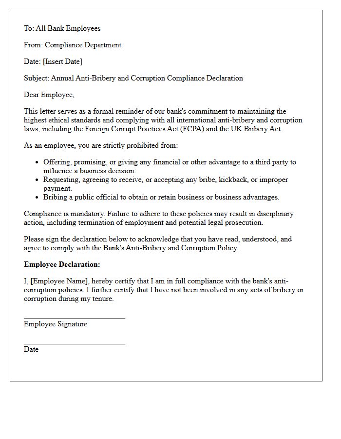 Bank Employee Anti-Bribery and Corruption Compliance Letter