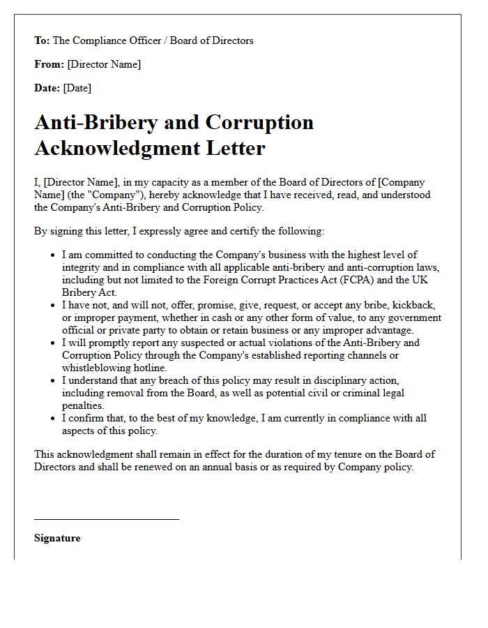 Board of Directors Anti-Bribery and Corruption Acknowledgment Letter