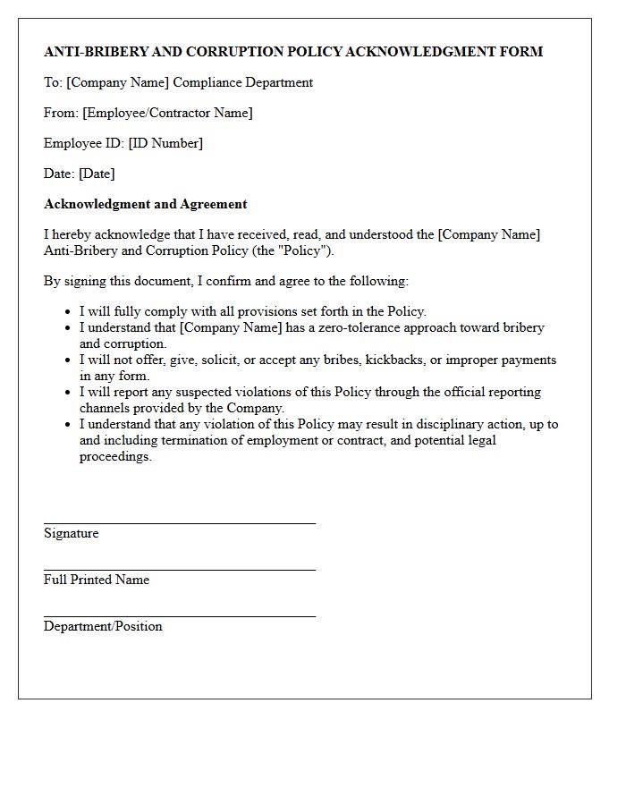 Corporate Acknowledgment Letter for Anti-Bribery and Corruption Policy