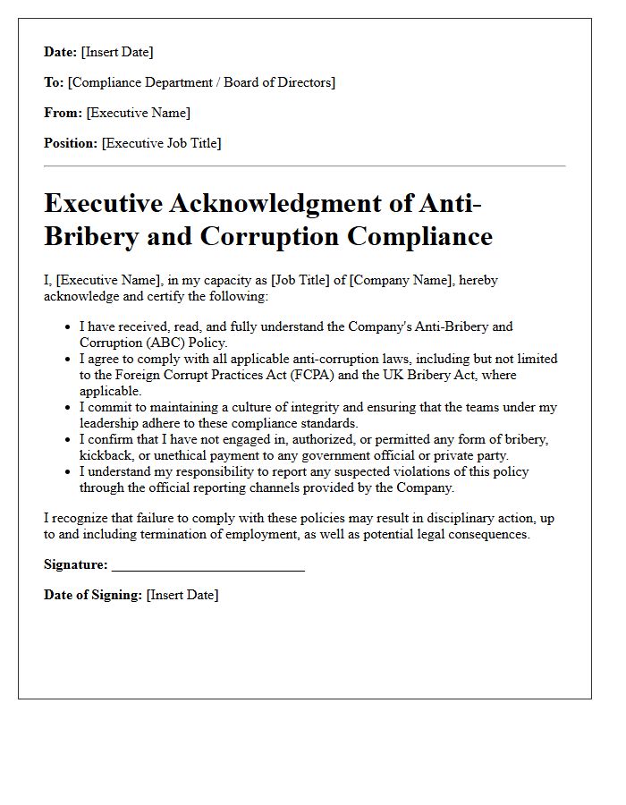 Executive Acknowledgment Letter for Anti-Bribery and Corruption Compliance
