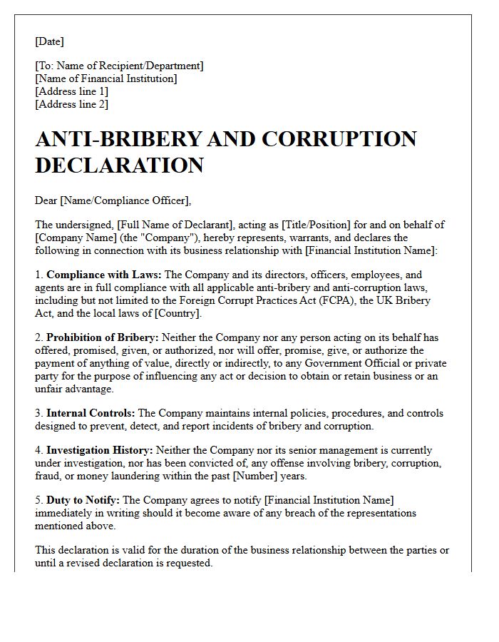 Financial Institution Anti-Bribery and Corruption Declaration Letter
