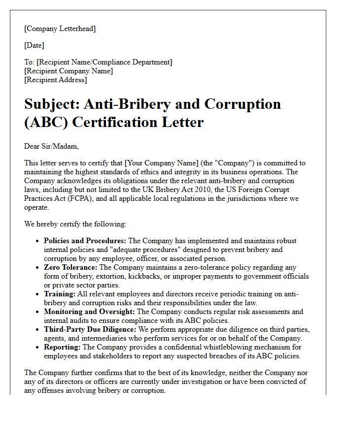 Financial Services Anti-Bribery and Corruption Certification Letter