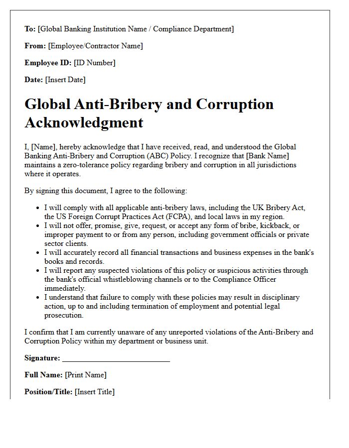 Global Banking Anti-Bribery and Corruption Acknowledgment Letter
