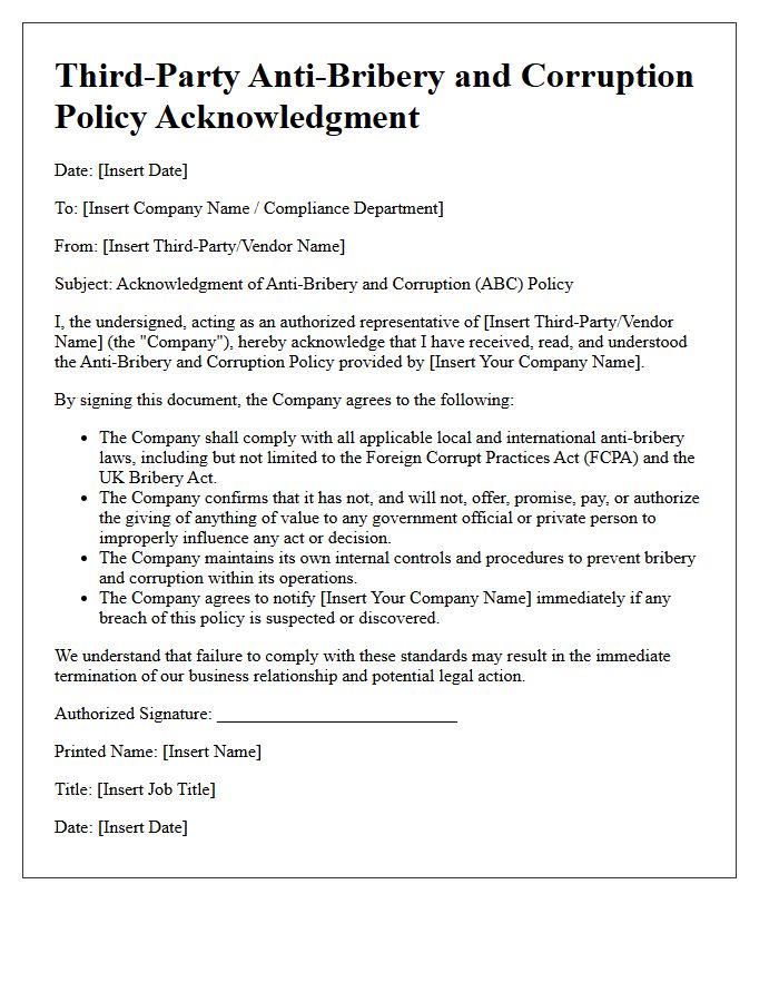 Third-Party Anti-Bribery and Corruption Policy Acknowledgment Letter