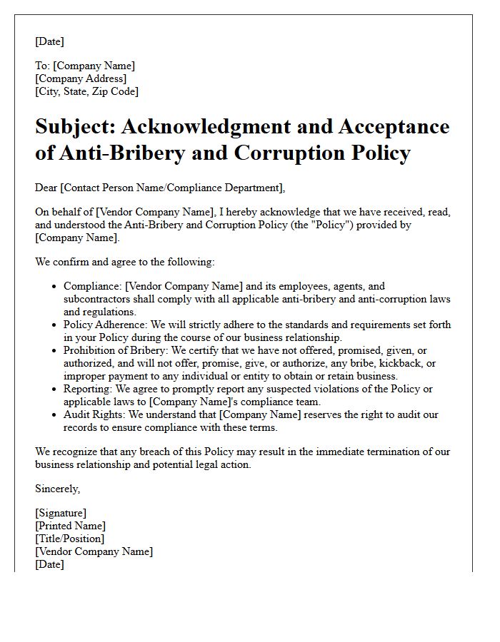 Vendor Anti-Bribery and Corruption Policy Acceptance Letter
