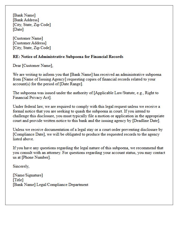 Bank Customer Administrative Subpoena Notification Letter