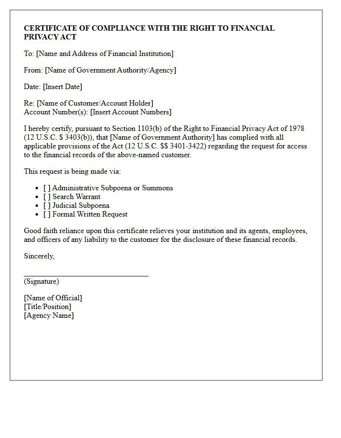 Certificate of Compliance With Financial Privacy Act Letter