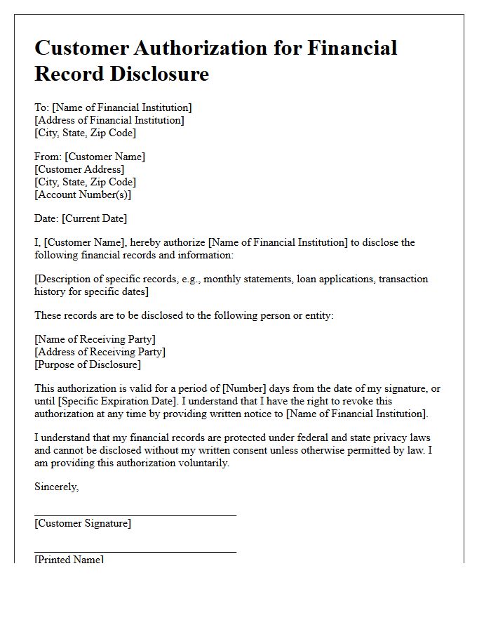Customer Authorization for Financial Record Disclosure Letter