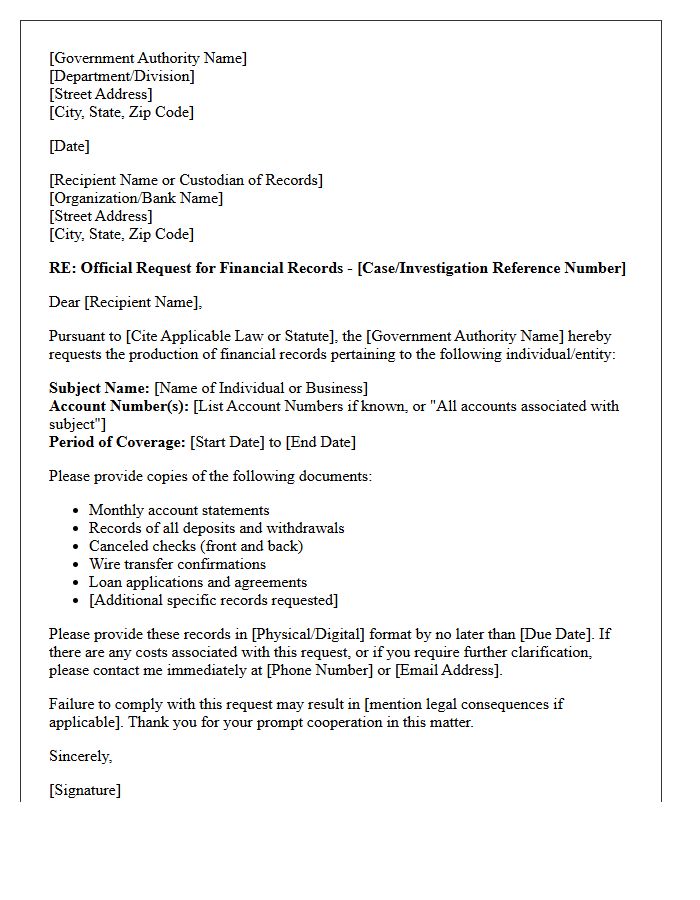 Government Authority Request for Financial Records Letter
