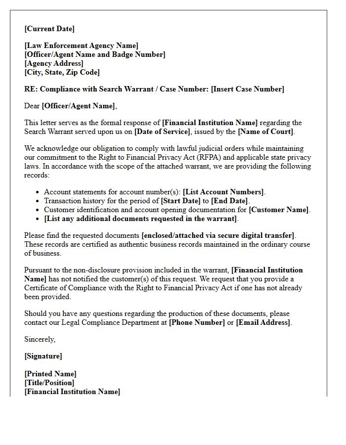 Search Warrant Financial Privacy Compliance Letter