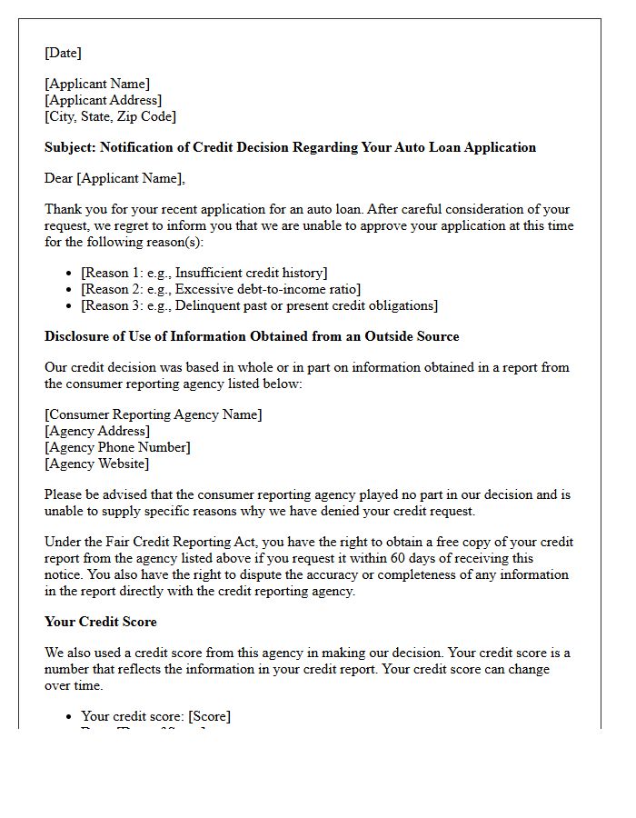 Auto Loan Refusal Adverse Action Letter
