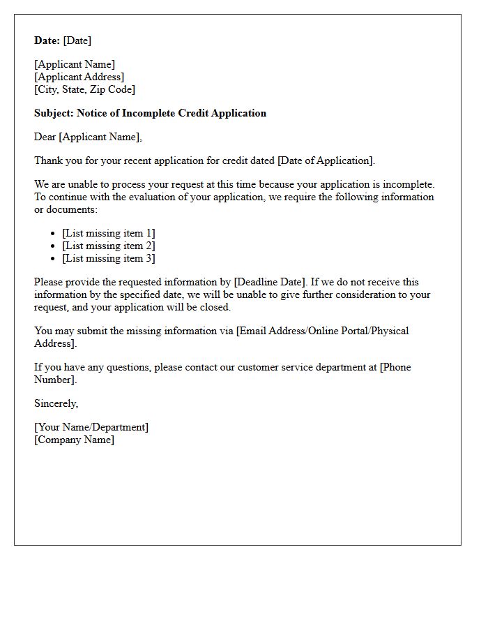 Notice Of Incomplete Credit Application Letter
