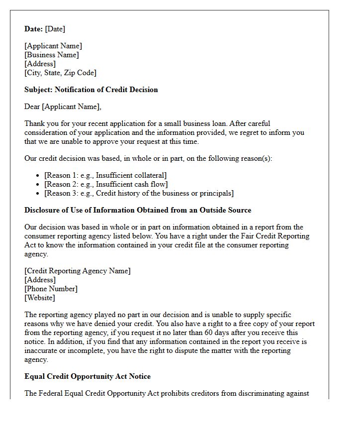 Small Business Loan Rejection Adverse Action Letter