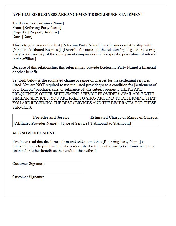 Affiliated Business Arrangement Disclosure Letter