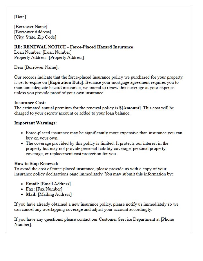 Force-Placed Insurance Renewal Notice Letter