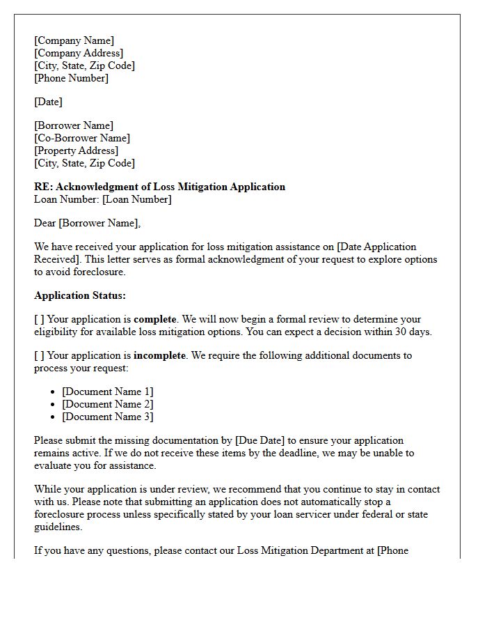 Loss Mitigation Application Acknowledgment Letter