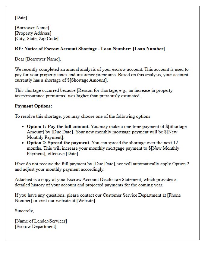 Notice of Escrow Account Shortage Letter