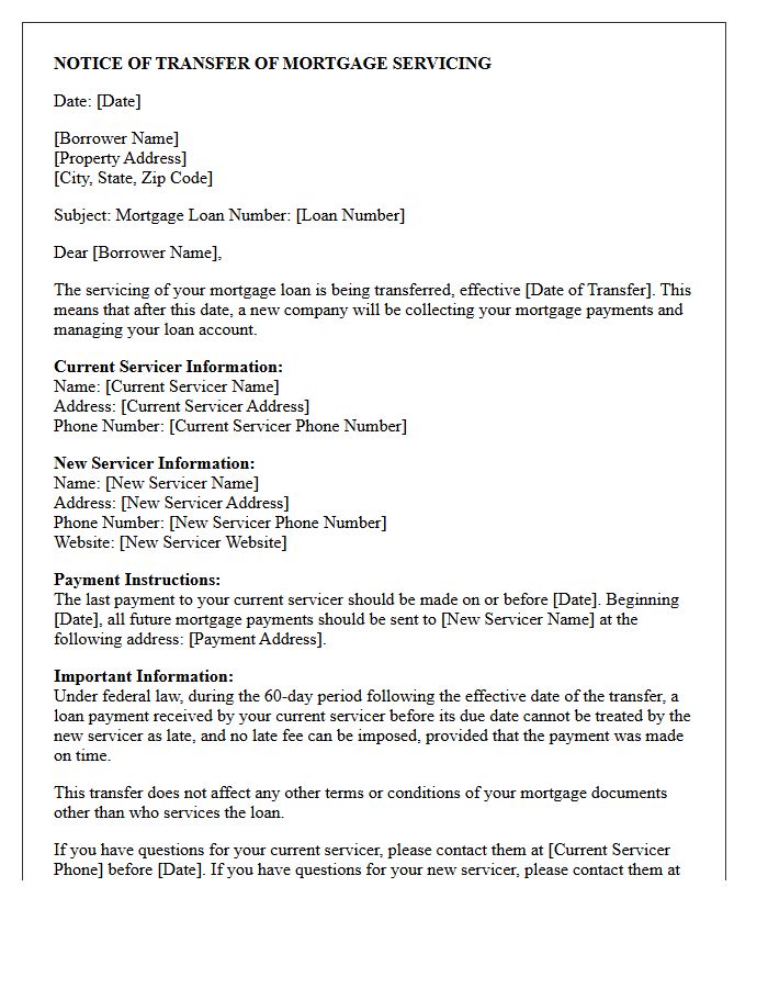 Notice of Transfer of Mortgage Servicing Letter