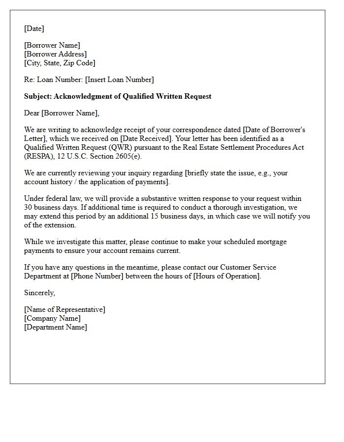 Qualified Written Request Acknowledgment Letter