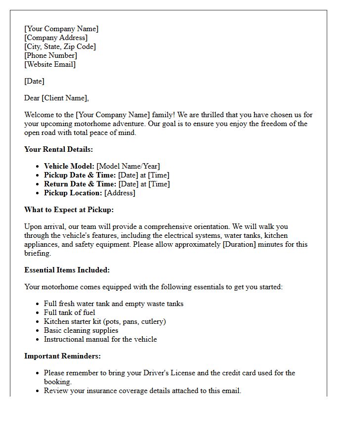 Comprehensive Motorhome Client Welcome Letter