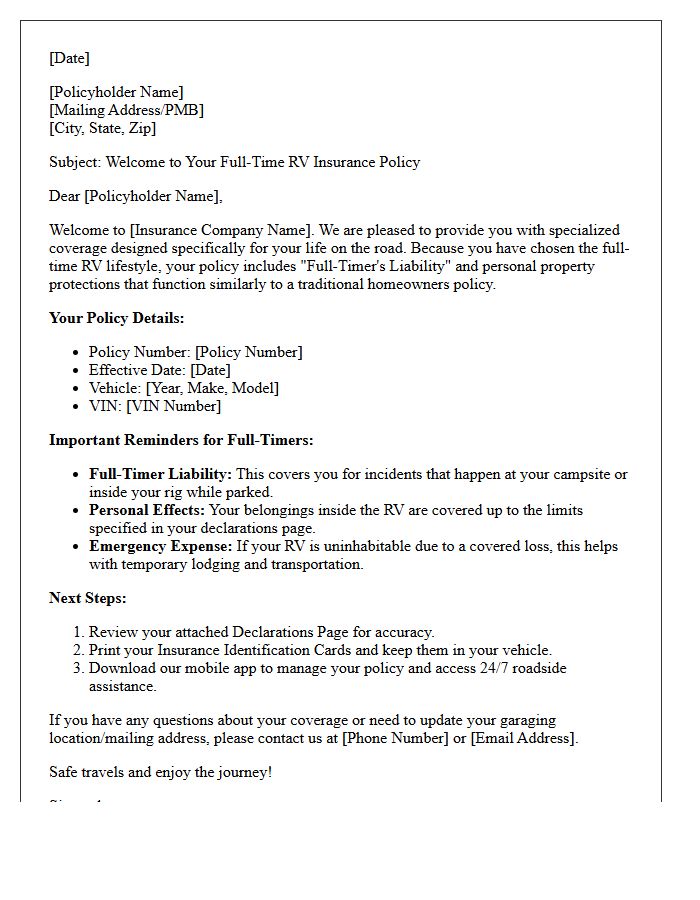 Full-Time RV Living Insurance Welcome Letter