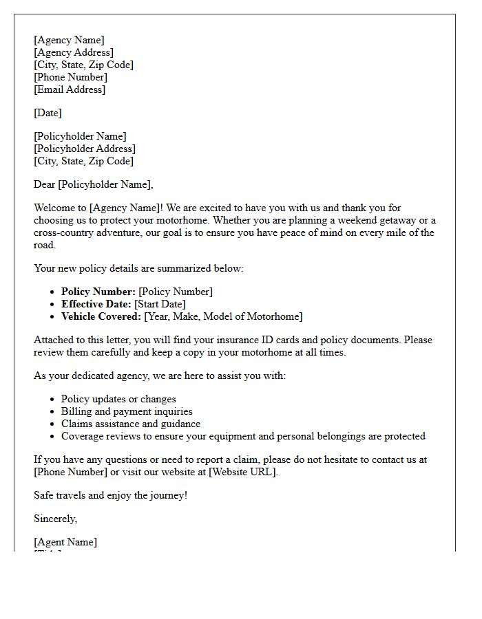 Motorhome Policyholder Agency Welcome Letter