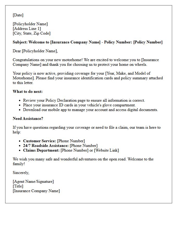 New Motorhome Owner Insurance Welcome Letter